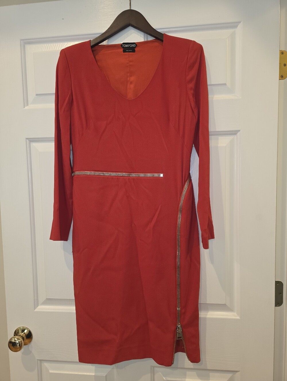 TOM FORD  Red Long-Sleeve Midi Silver Zipper Dress RARE